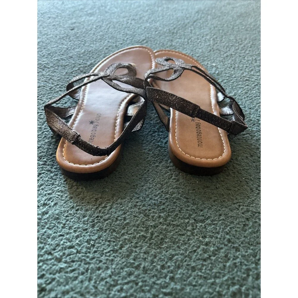 Montego Bay Black Glittery Sandals, Woman Size 7 1/2, flat slip on, elastic back